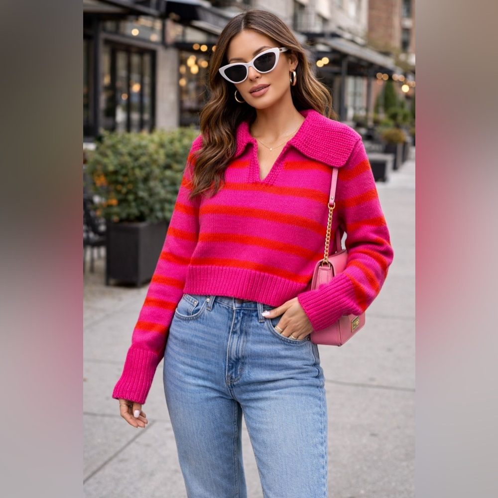 Pink and Red Striped Cropped Women's Sweater Size Small